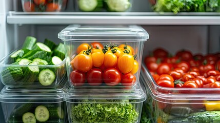 Glass containers packed with colorful vegetables like tomatoes, cucumbers, and lettuce, stored in refrigerator for freshness and convenience