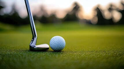 Golf ball next to putter on green grass, with blurred background of golf course, symbolizing focus, patience, and game preparation