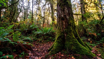 Fototapeta premium Lush forest floor with a moss-covered tree trunk, bathed in natural sunlight.