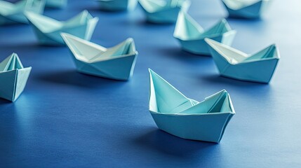 Naklejka premium Group of folded paper boats in different sizes arranged on a smooth surface, representing leadership and direction