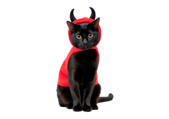 Black cat in red devil costume with horns on transparent background, PNG