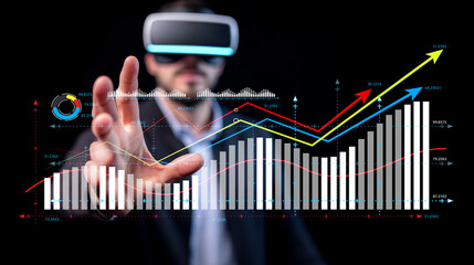 Business professional using virtual reality technology to analyze digital data and statistics with interactive graphs and futuristic elements in modern office