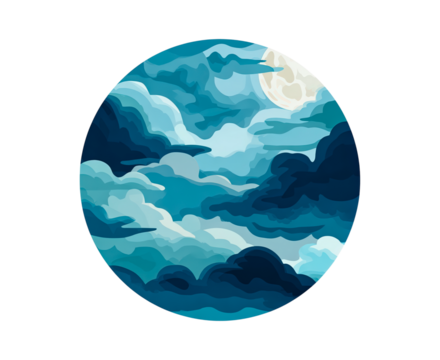 Abstract blue clouds and moonlit night sky within circular frame on transparent background, PNG