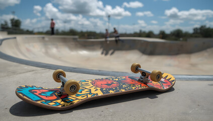 A colorful skateboard rests on concrete near a skatepark bowl, with blurred figures in the distance.