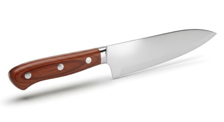 A chef's knife with a polished, steel blade and a dark-grained wooden handle, held by metal rivets against a pure white background