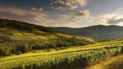 Sunlit vineyard rows cascade down a hillside at dusk