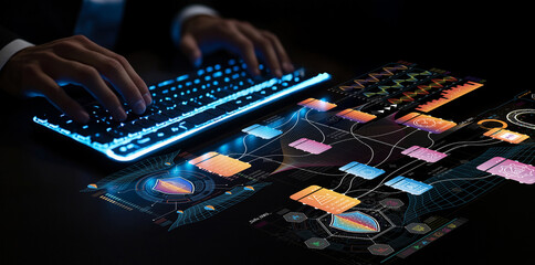 Futuristic digital interface with glowing keyboard, data visualization, and analytics charts in a dark workspace, showcasing advanced technology and innovation.