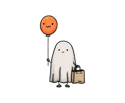 Cute ghost with happy balloon and trick-or-treat bag on transparent background, PNG