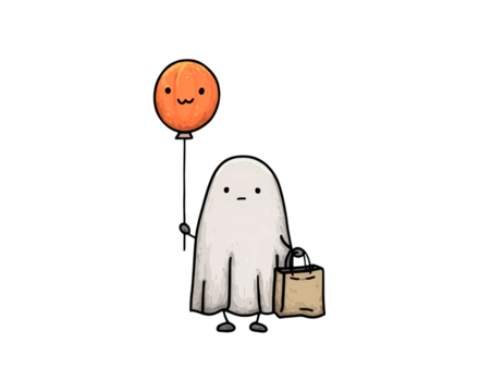 Cute ghost with happy balloon and trick-or-treat bag on transparent background, PNG