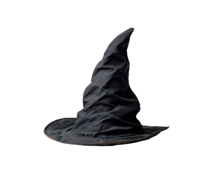 Worn black witch hat with pointed tip on transparent background, PNG