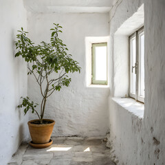 Background with white walls and plant