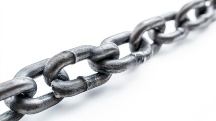 Fototapeta premium Long metallic chain diagonally placed on minimal white background, showing toughness, industrial power, and resilience