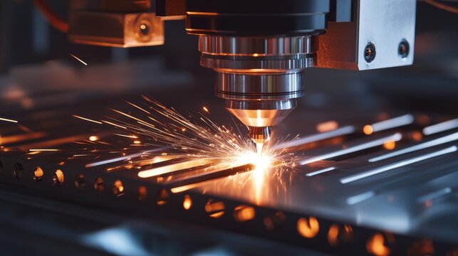 Macro shot of fiber laser cutting sheet metal, glowing sparks and melted edges, representing modern industry, technology, and craftsmanship