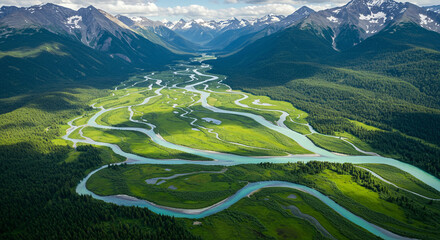 Aerial view of a braided river winding through a lush green valley surrounded by forested mountains and snow-capped peaks.
