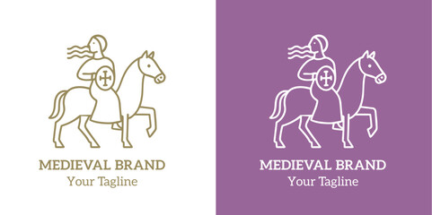 Minimalist line art medieval woman knight on horse with shield and cross logo design