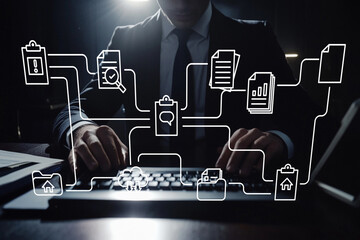 Businessman Using Technology for Data Management and Workflow Optimization with Graphic Icons Overlaid in a Dark Office Environment