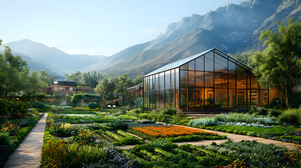 A modern eco-friendly agriculture landscape that highlights organic farming practices and sustainable techniques amid lush, green vistas