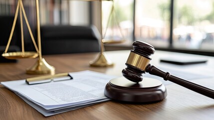 Fototapeta premium Modern legal office scene with judge's gavel placed beside documents, symbolizing legal decision, law practice, and justice