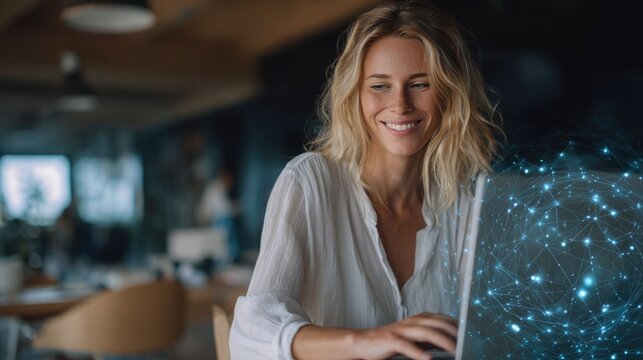 Businesswoman working with AI assistant interface on laptop, futuristic office technology concept