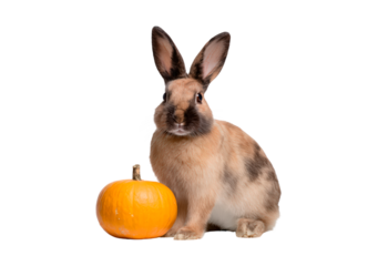 Adorable rabbit with orange pumpkin on transparent background, PNG