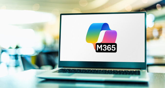 Laptop computer displaying logo of Microsoft 365 Copilot