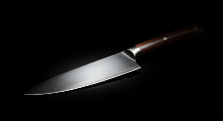 Sharp kitchen knife, polished blade, dark background