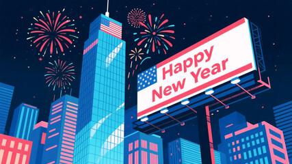 Vibrant New Year's Eve cityscape with fireworks exploding over a modern skyline, celebrating a fresh start, perfect for event promotions and holiday greetings