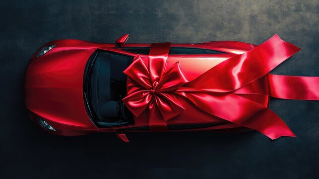 New car wrapped in big red bow, photographed from above, emphasizing excitement, gift-giving, and celebration