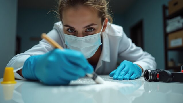 Experta forense buscando huellas dactilares, lo que subraya el enfoque met&oacute;dico para la recopilaci&oacute;n de pruebas en investigaciones criminales