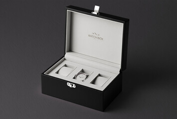 Luxury black watch box with three compartments open