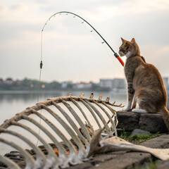 cat fishing on fish skeleton