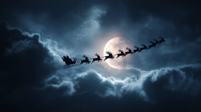 Santa’s sleigh silhouette flying across moonlit sky