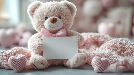 Cuddly teddy bear holding a blank Valentine s Day card
