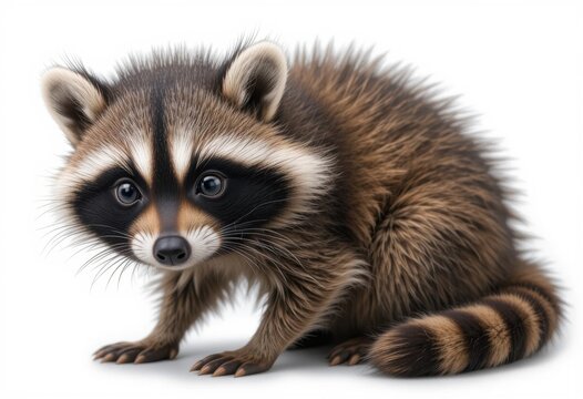 Cachorro de mapache con cara enmascarada, patitas diminutas y mirada curiosa. Aislado sobre fondo blanco, resalta su travieso encanto del bosque