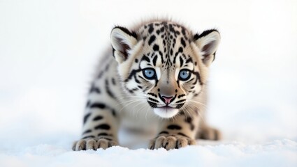 Cachorro de leopardo de las nieves con pelaje grueso, gris ahumado sobre fondo blanco
