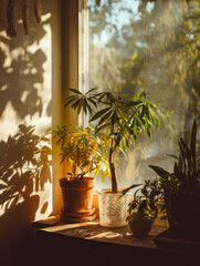 Obraz premium Indoor plants glowing in golden hour sunlight through cozy window