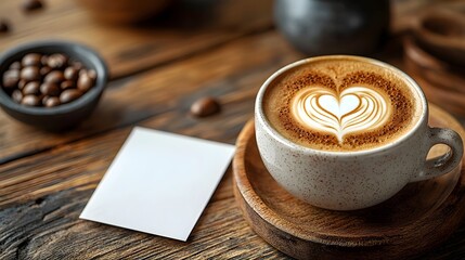 A Valentine s coffee moment with a heart shaped latte art and a blank white card