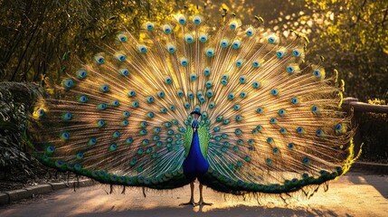 Proud male peacock in full courtship pose with tail feathers spread wide, captured in bright daylight, symbolizing beauty, love, and natural elegance
