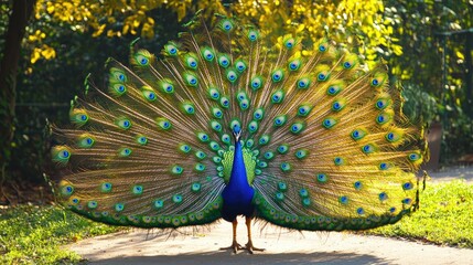Obraz premium Proud male peacock in full courtship pose with tail feathers spread wide, captured in bright daylight, symbolizing beauty, love, and natural elegance