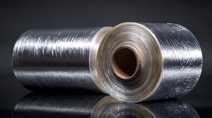 Two Silver Film Rolls Shiny Metallic Texture Reflecting on Dark Surface