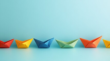 Obraz premium Row of bright origami boats arranged neatly on pastel background, symbolizing organization, teamwork, and creativity