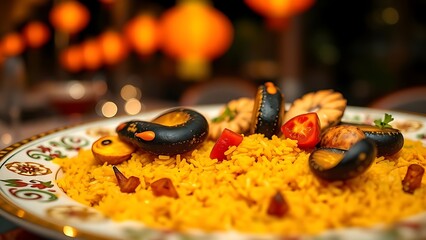 Golden-edged paella on porcelain, saffron rice and seafood arranged with artistic precision.