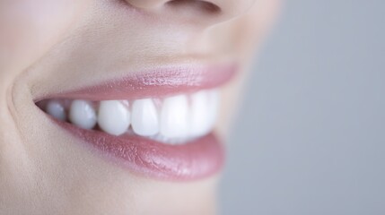 Obraz premium A womans side smile with perfect white teeth and subtle makeup