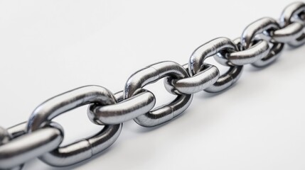 Obraz premium Shiny steel chain stretched horizontally across white background, symbolizing security, resilience, and industrial toughness