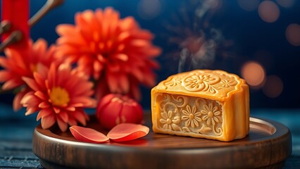 Delicate mooncake with floral imprint on lacquered tray, steam rising beside chrysanthemum petals in twilight.
