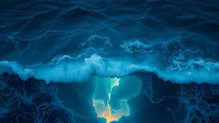Deep blue ocean waves with glowing cracks beneath the surface, hinting at volcanic activity.