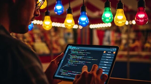 Man Using Digital Tablet with Code at Night Working on Application