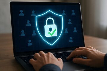 Laptop screen displays a glowing shield with a padlock and checkmark symbolizing cybersecurity and data protection