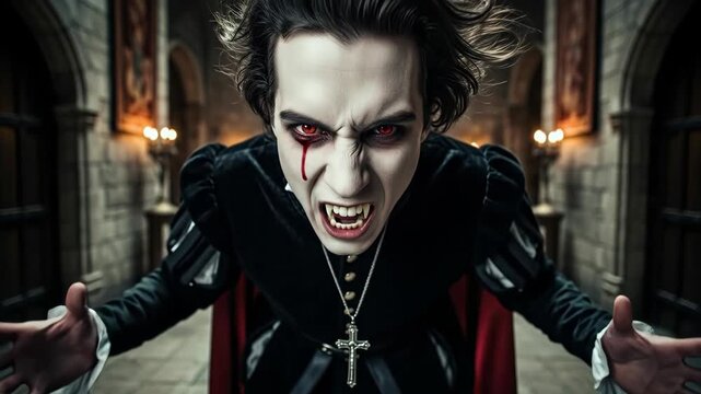 An angry and terrifying young male vampire with sharp fangs and bleeding eyes snarls with rage in a dark gothic castle ready to attack his unsuspecting victim