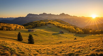 Scenic landscape view of rolling hills and mountains at sunset, with golden light illuminating the trees and grass.